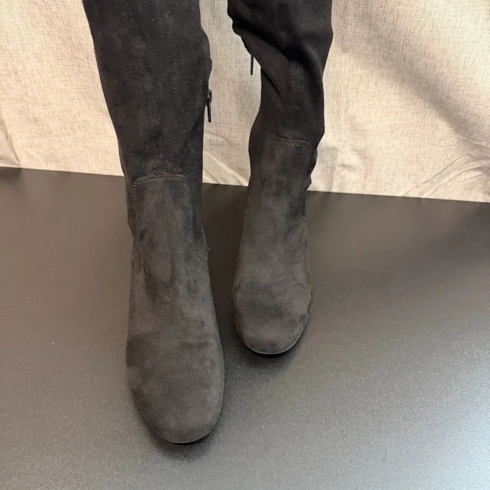 Liz Claiborne Over The Knee‎ Boots Women's 7.5M Black Suede Block Heels Timeless
